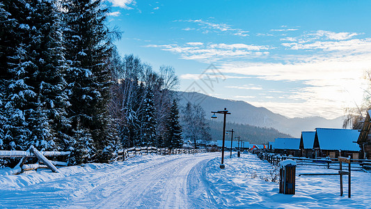 冬日雪景插画新疆禾木景区古村落雪景背景