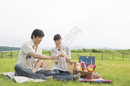 夫妇草地上喝红酒图片