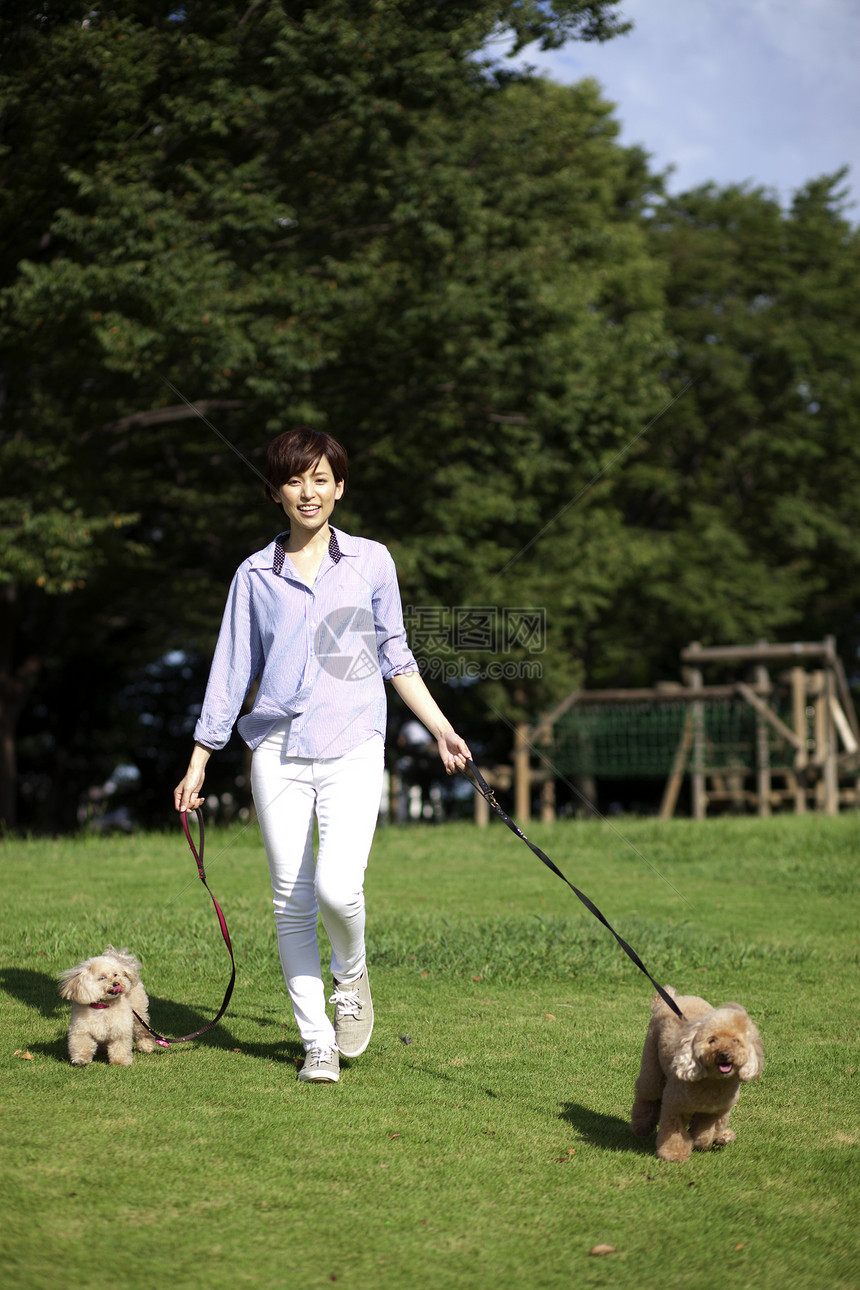 女性牵着宠物狗户外公园散步图片