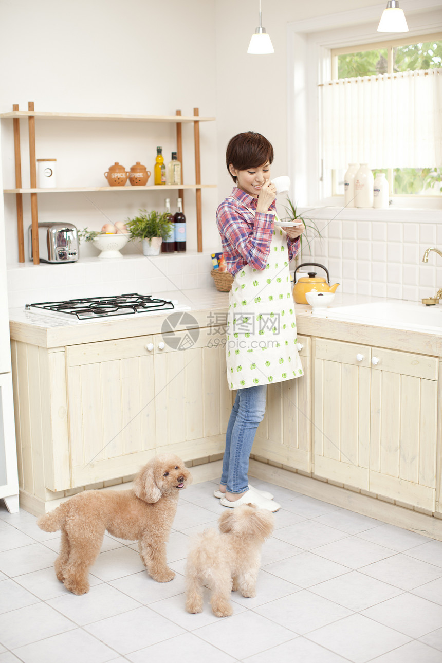 年轻女性和狗狗在厨房图片