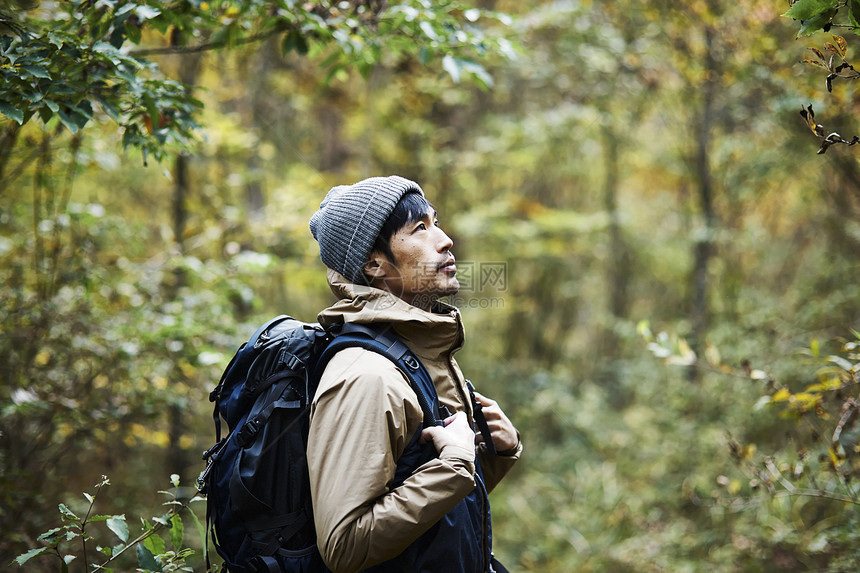 徒步探索森林的男人图片