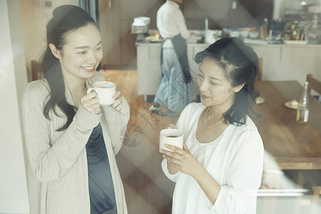 客厅喝茶交谈的女人图片