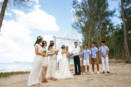 举办海滩婚礼的新婚夫妻和好友图片