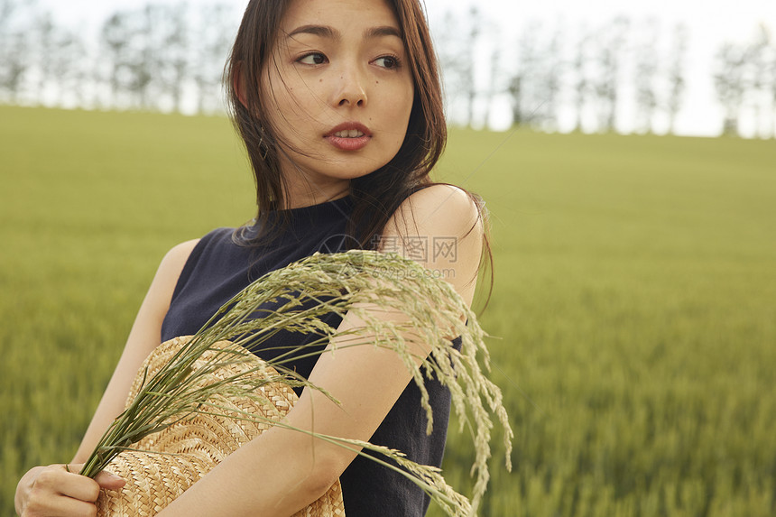在小麦丛中手里拿着小麦的女人图片
