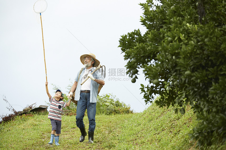 爷爷陪同孙子体验农村暑假生活图片