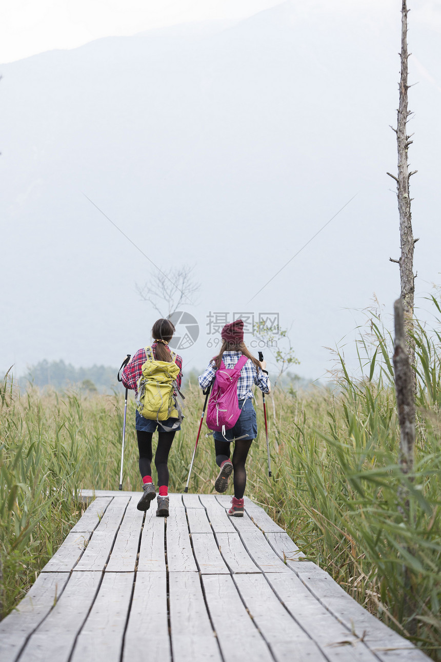 日照阳光生机勃勃女人徒步旅行图片