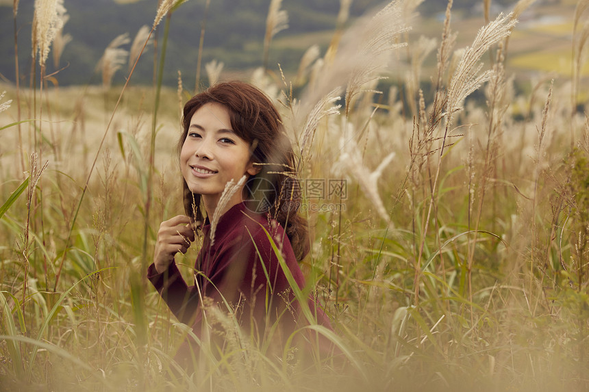 野外芦苇丛中的年轻女人图片