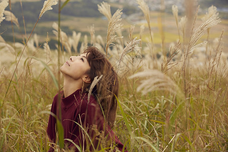 野外芦苇丛中的年轻女人图片