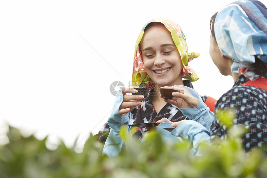 品味新鲜茶叶的女子图片