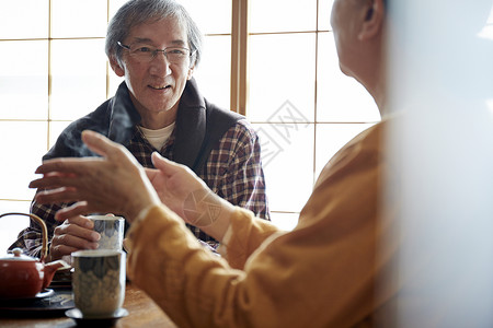 起居室茶桌旁喝茶聊天的老年夫妻图片