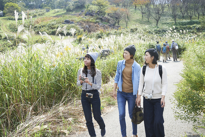 三个在田间小路散步的女人图片