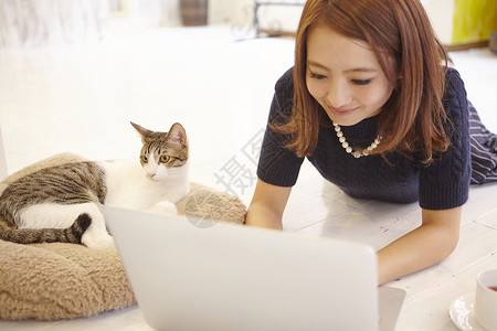 宠物咖啡在猫咖用笔记本电脑办公的人背景
