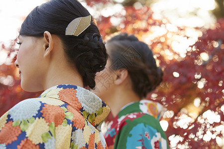 一起观赏红枫叶的两个女人图片