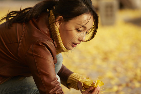 女人蹲在地上捧着银杏叶图片