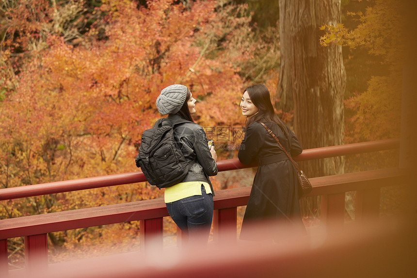 在红枫林旅游拍照的外国美女和日本美女图片