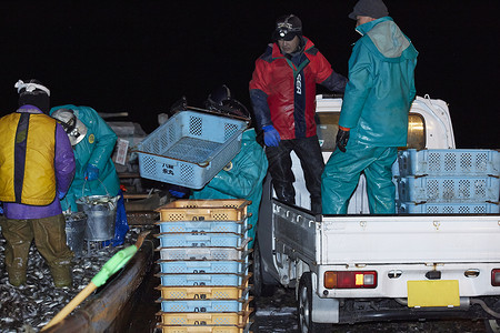 渔民在午夜工作搬运新鲜的鱼图片