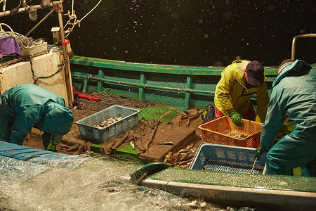 日本叉牙鱼深夜在港口工作的渔民背景