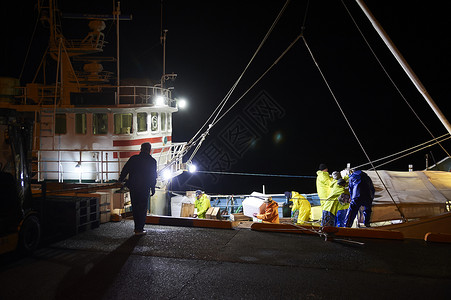 夜晚港口忙碌的渔民们图片