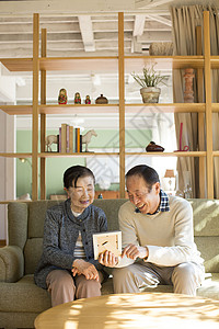 老年夫妇一起坐在客厅看相片图片