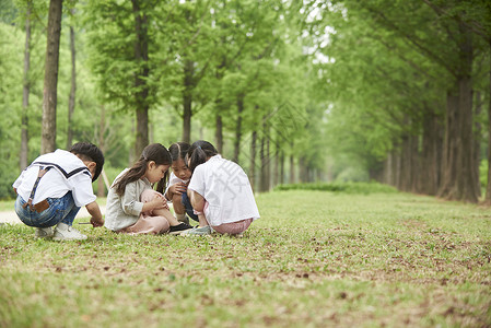 蹲在草地上玩耍的小朋友图片