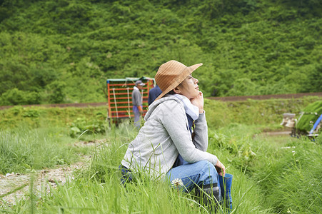 农业妇女在水稻种植地休息图片