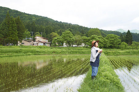 种植水稻后在田里休息的年轻农民图片