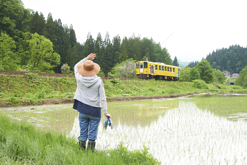 田间给路过汽车打招呼的农民图片