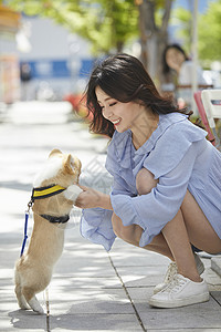 路边和小狗玩耍的年轻女子图片