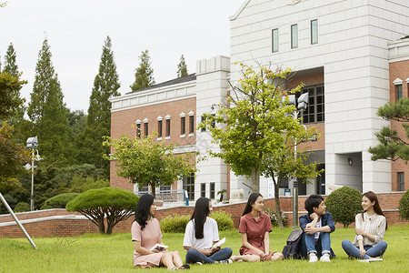 坐在校园草坪上聊天休息的青年大学生图片