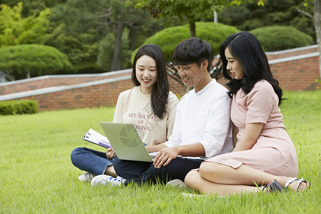 草坪上看着笔记本电脑的青年大学生图片