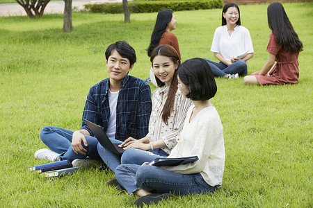户外草坪上的年轻大学生图片