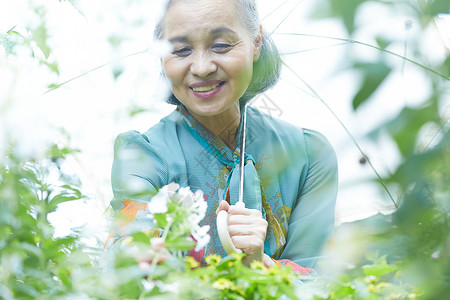 撑伞避暑姑娘在院子里撑伞的老年阿姨背景