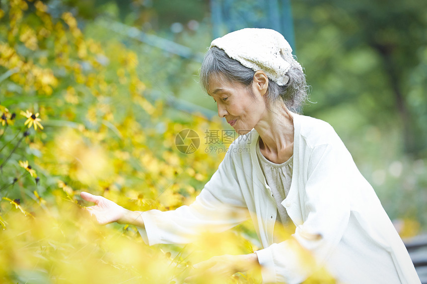 老年妇女在庭院里赏花图片