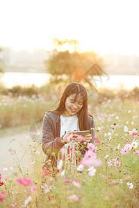 鲜花丛中的女孩背景图片