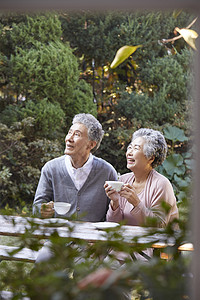 在花园享受下午茶的老夫妻图片