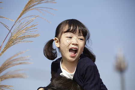 秋天户外芦苇丛玩耍的小女孩背景图片