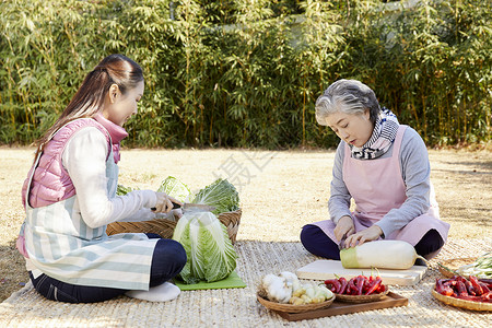 婆婆和媳妇一起准备腌制泡菜的材料背景图片