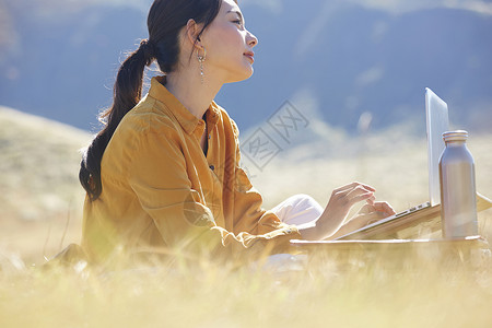 便携电脑商界女女商人在草地上工作的女人图片