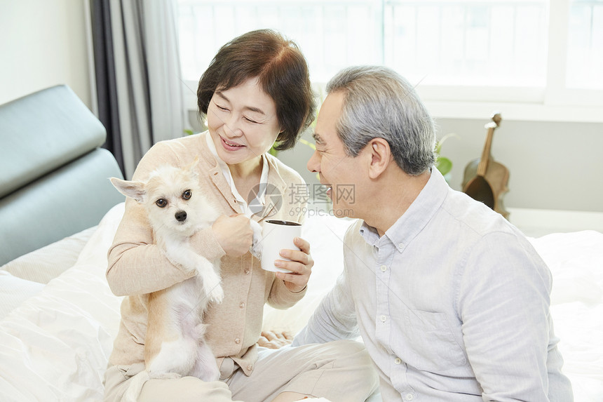 抱着宠物狗的老年夫妻图片