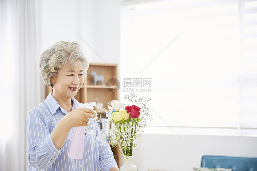 盯着看植物存储生活女人老人韩国人图片