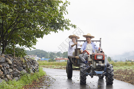老年夫妇驾乘拖拉机下农田高清图片