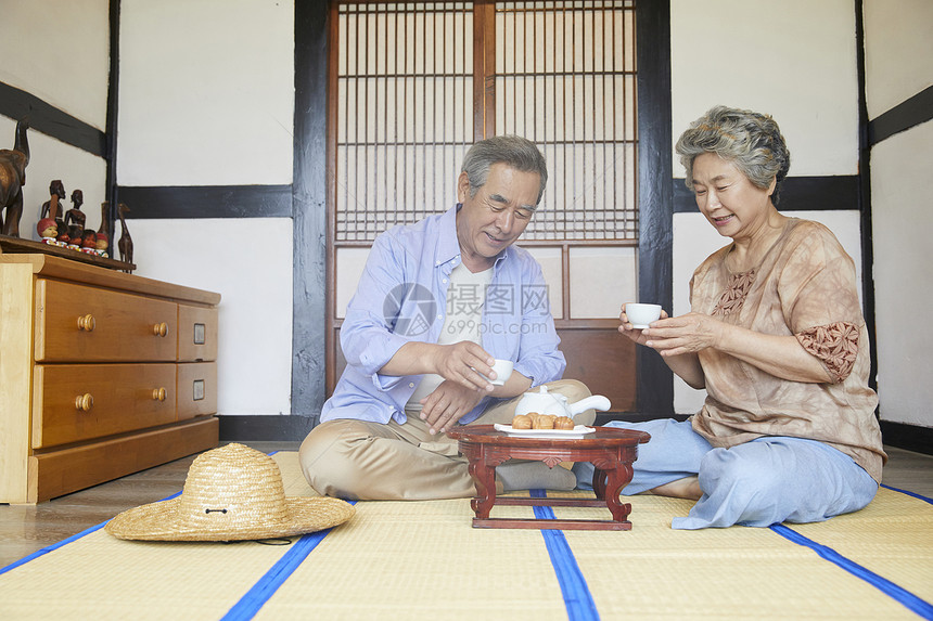 老年夫妇居家喝茶聊天图片