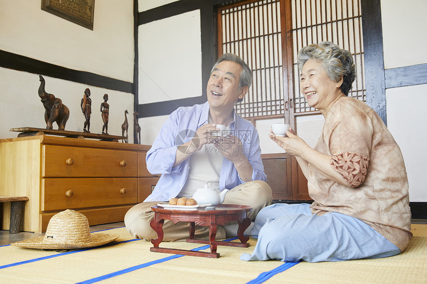 老年夫妇居家喝茶聊天图片