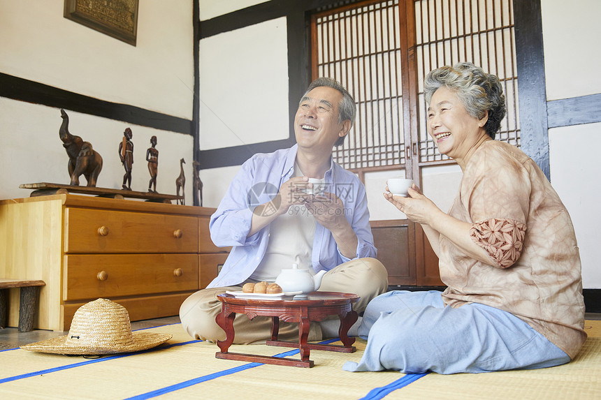 老年夫妇居家喝茶聊天图片