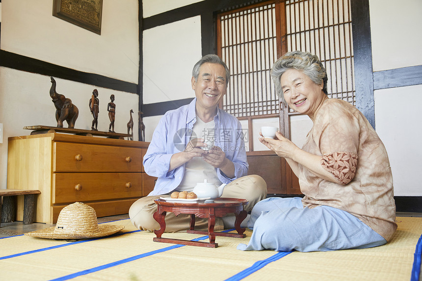 老年夫妇居家喝茶聊天图片