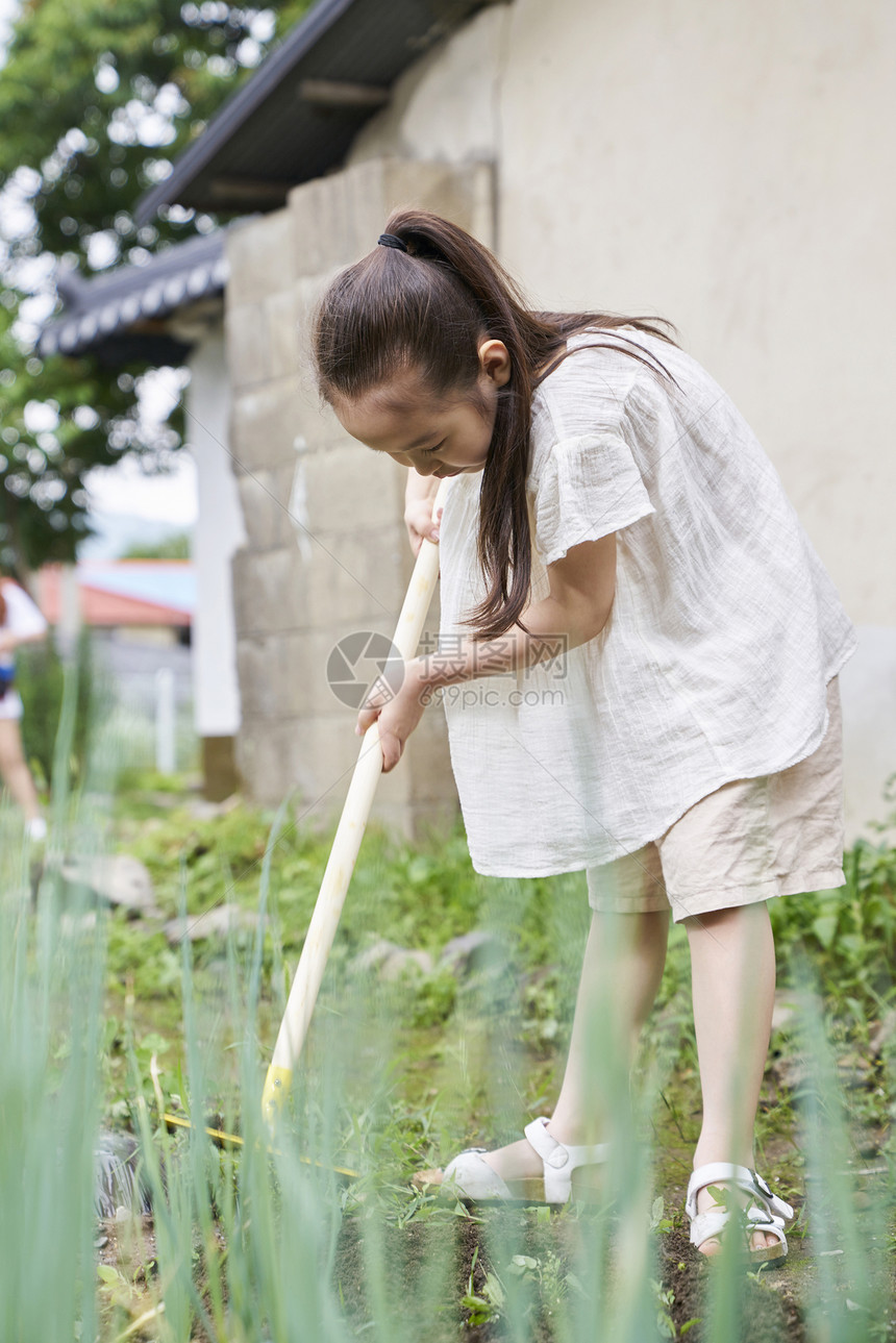 花园体验种植盆栽的小女孩图片