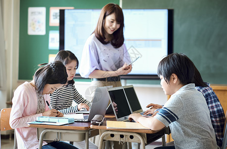 老师在教学生用电脑查询资料背景图片