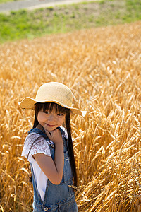 麦田里戴着草帽的小女孩高清图片