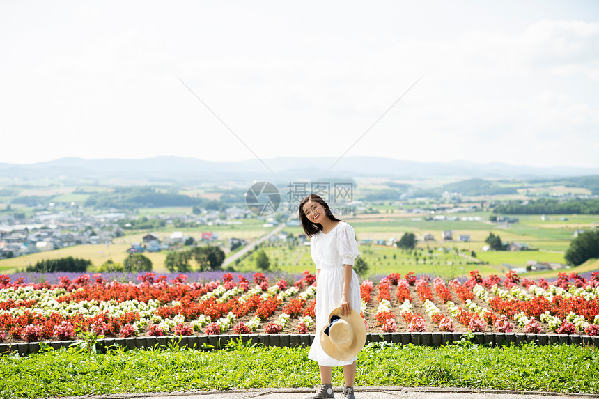 薰衣草公园旅行花田的妇女画象图片