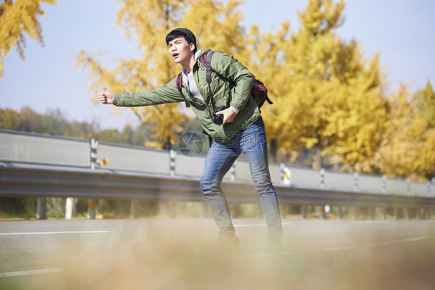 年轻男子户外野营打车招手图片